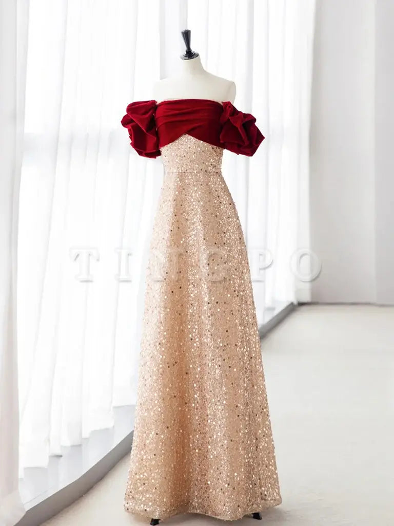Wholesale Champagne A-Line velvet Long Prom Dress Champagne Tulle Sequin Long Formal Dress gowns evening dresses